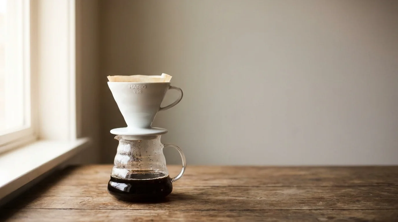 A ceramic V60 dripper on a clear glass carafe on a bare wooden surface with warm morning light, minimalist third-wave coffee composition