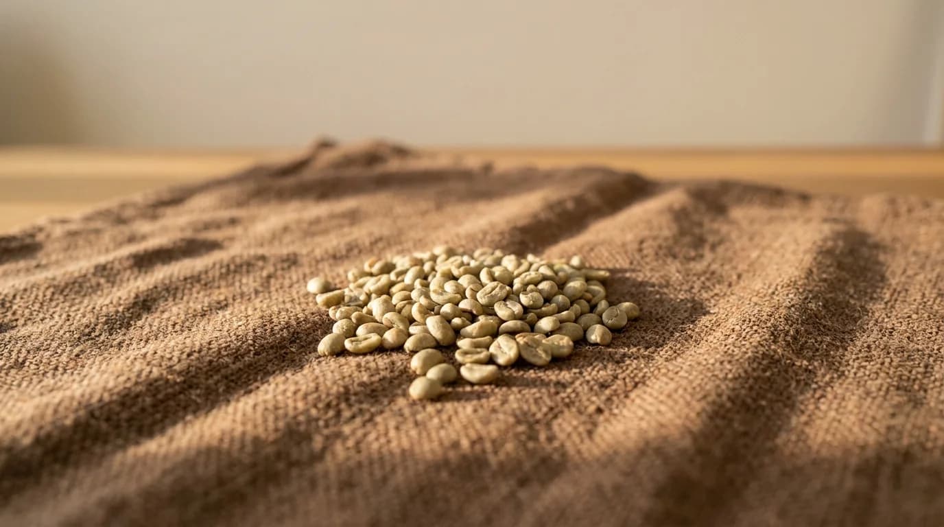 A small handful of green unroasted coffee beans on a rough hand-woven textile with warm afternoon daylight, minimalist earthy composition