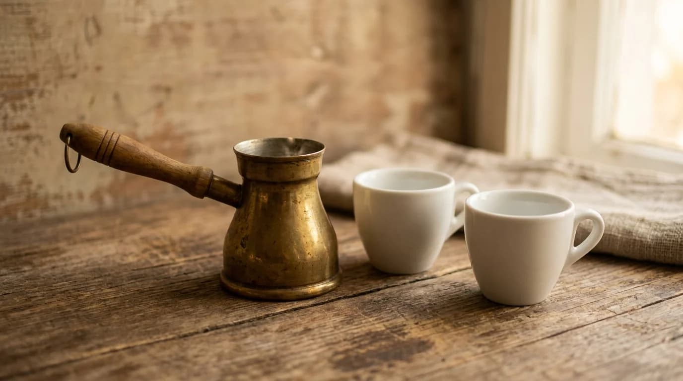 A small brass long-handled cezve pot beside two tiny white ceramic demitasse cups on a bare weathered wooden surface, warm afternoon daylight, minimalist earthy composition