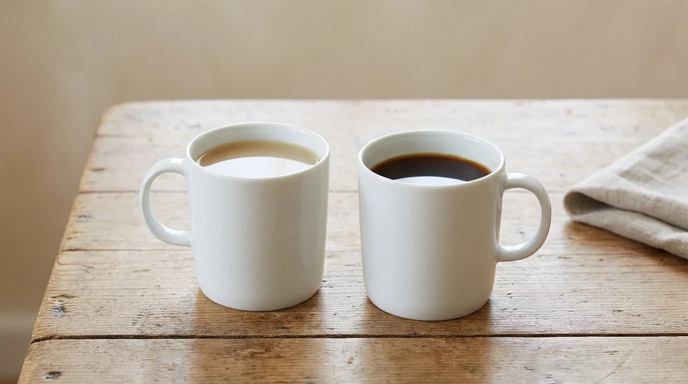 Two identical white ceramic mugs of coffee side by side on a bare wooden surface, one visibly weaker and lighter, the other darker and stronger, soft daylight, minimalist composition