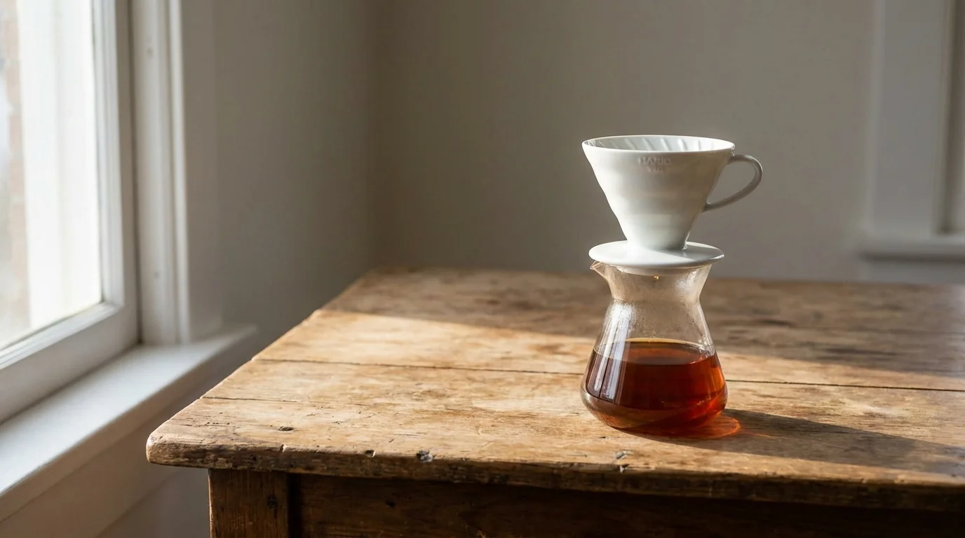 A ceramic Hario V60 dripper sitting on top of a clear glass carafe on a bare wooden surface, warm morning window light from the left, minimalist composition