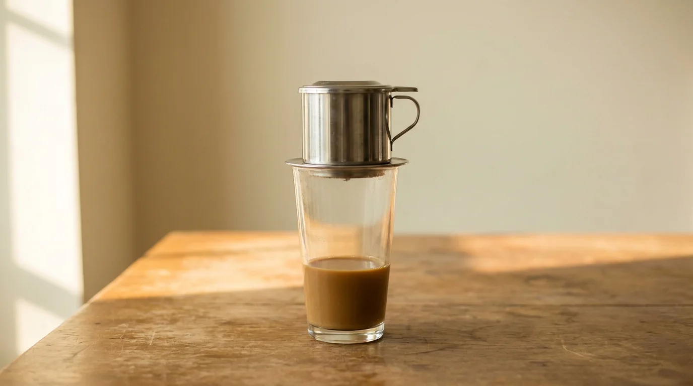 A small metal phin filter sitting on top of a clear glass cup on a bare wooden surface, warm afternoon light, minimalist composition