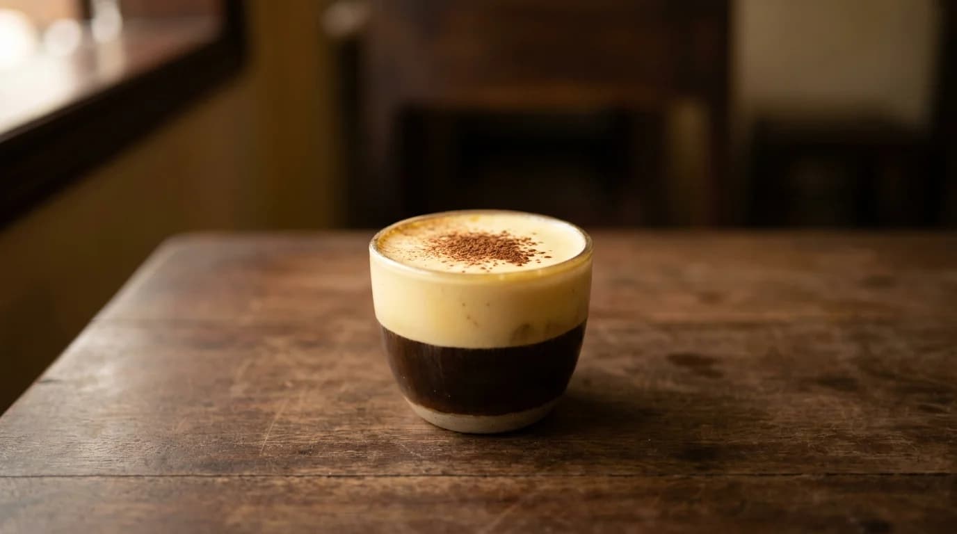 A small ceramic cup of Vietnamese egg coffee with a thick ivory-yellow egg foam layer on top, on a dark wooden surface, warm ambient café light