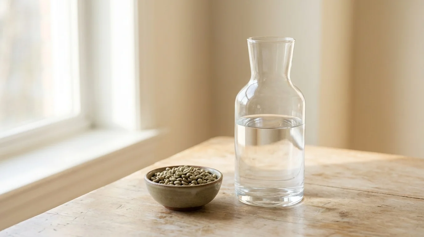 A clear glass carafe of water beside a small pile of coffee beans on a bare wooden surface, soft morning light, minimalist composition