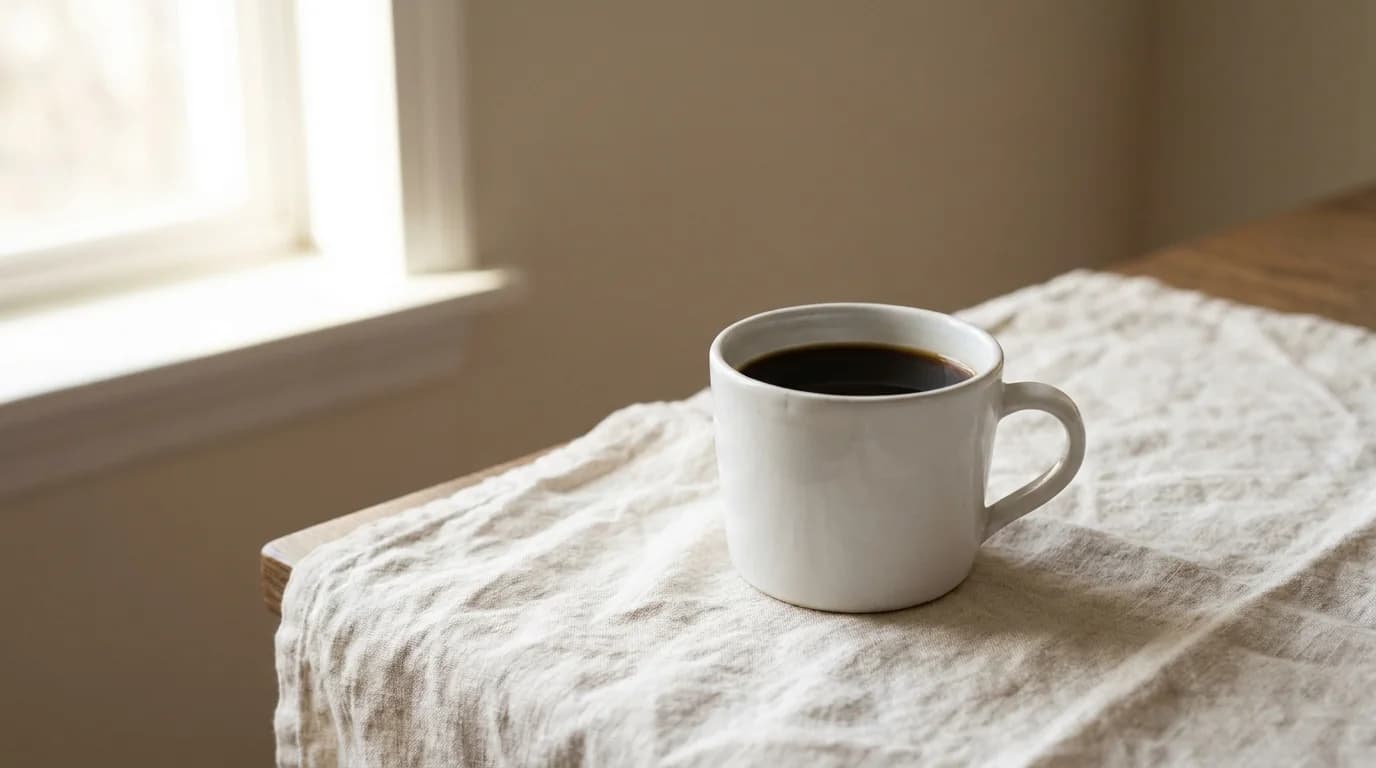 One white ceramic mug of black coffee sits on a bare linen surface, soft morning window light from the left, minimalist composition, calm reflective mood