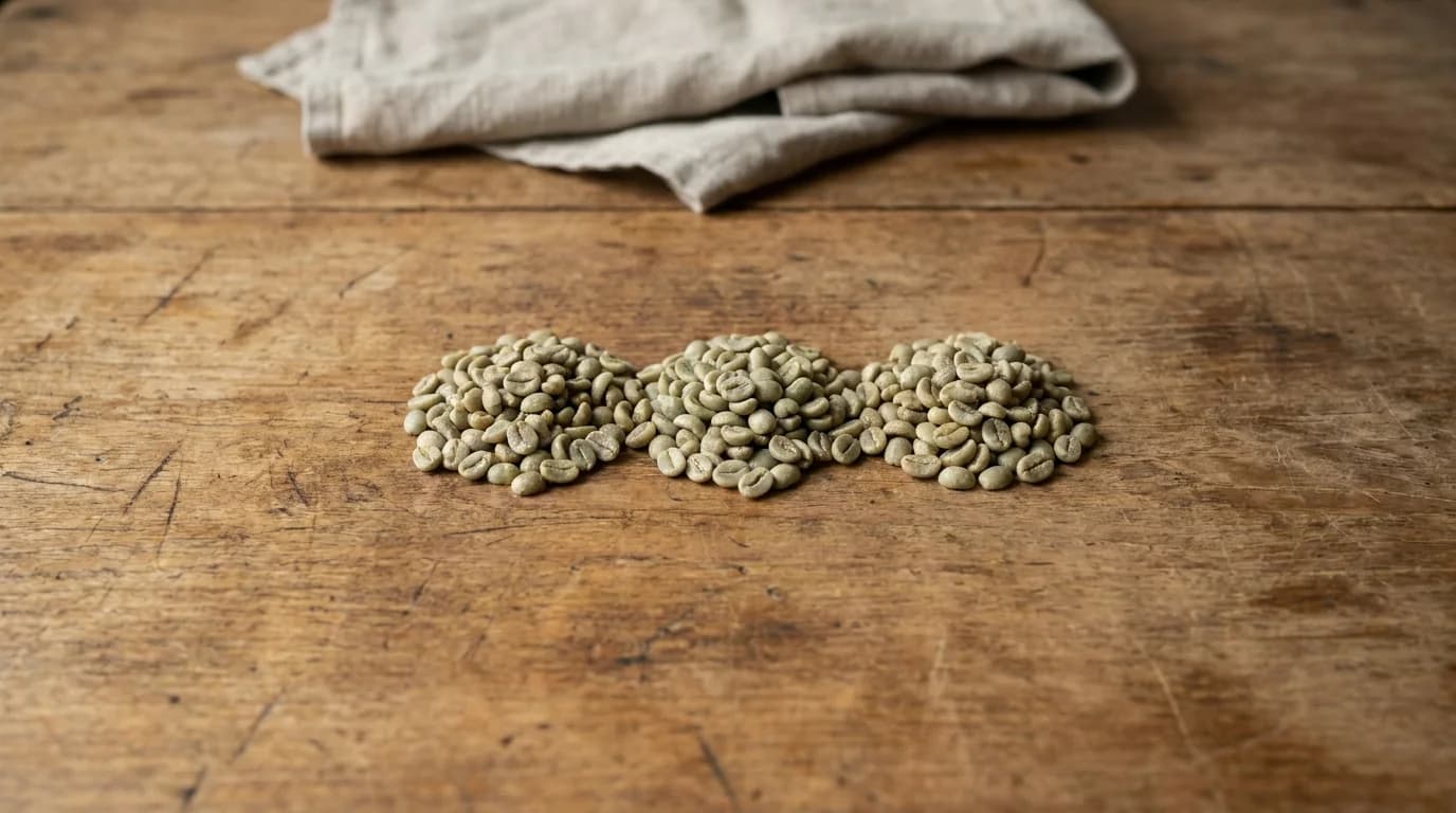 Three small piles of green unroasted coffee beans of subtly different sizes and shapes arranged together on a bare wooden surface, soft daylight, minimalist composition