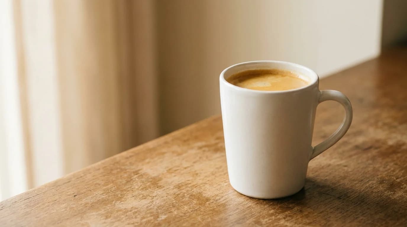 A tall ceramic mug of Americano coffee on a bare wooden bar surface with subtle crema visible on top, soft warm daylight, minimalist composition
