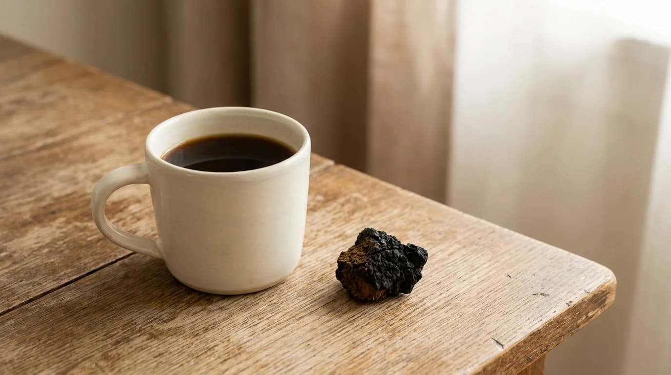 A dark cracked chunk of chaga conk with its orange-brown interior visible, resting on birch bark beside a cup of dark tea-like liquid