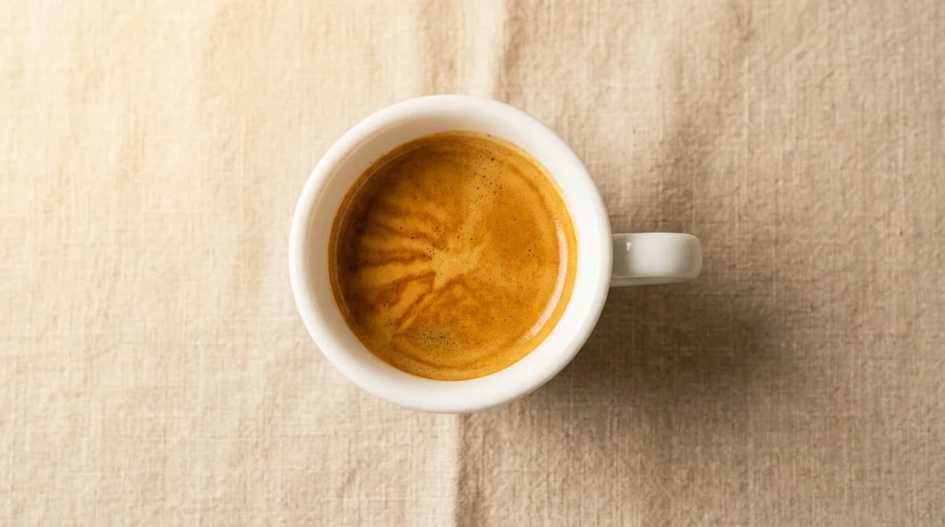 A close-up top-down view of a single shot of dark espresso in a small white cup, thick golden-brown crema layer covering the surface with tiger-stripe patterning, warm soft daylight