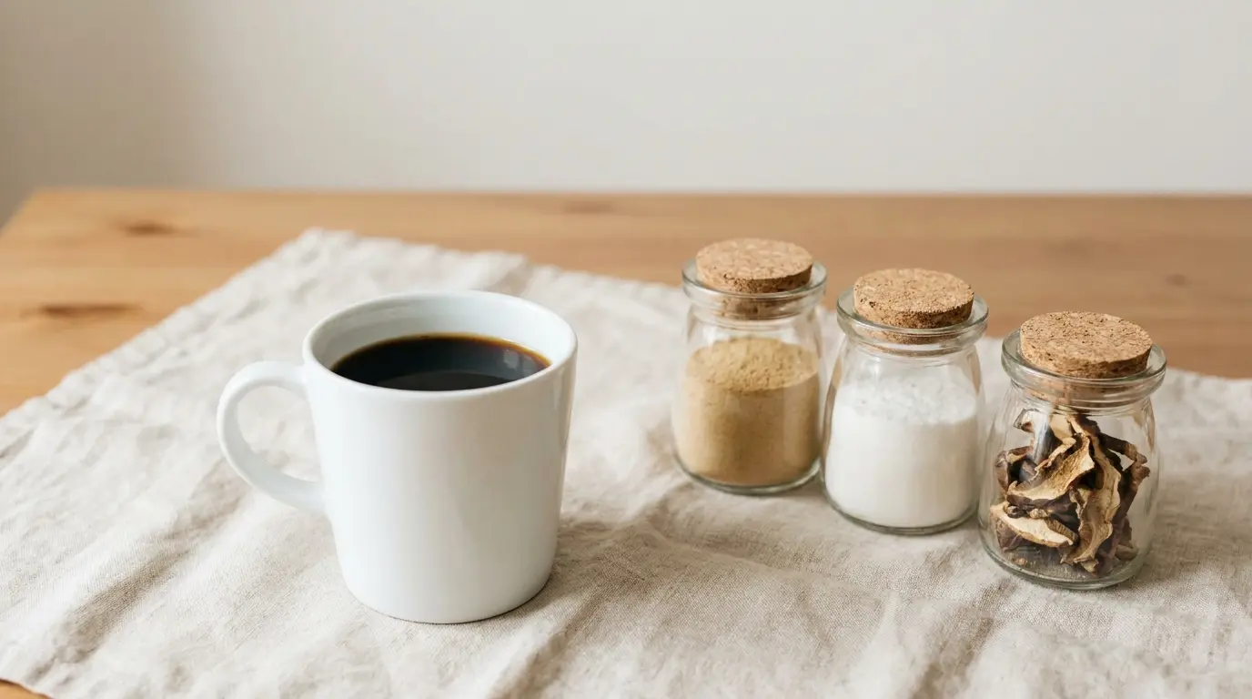 A plain white mug of black coffee on a pale linen cloth beside three small unlabelled glass jars holding a tan powder, a white powder and dried mushroom slices, in soft daylight