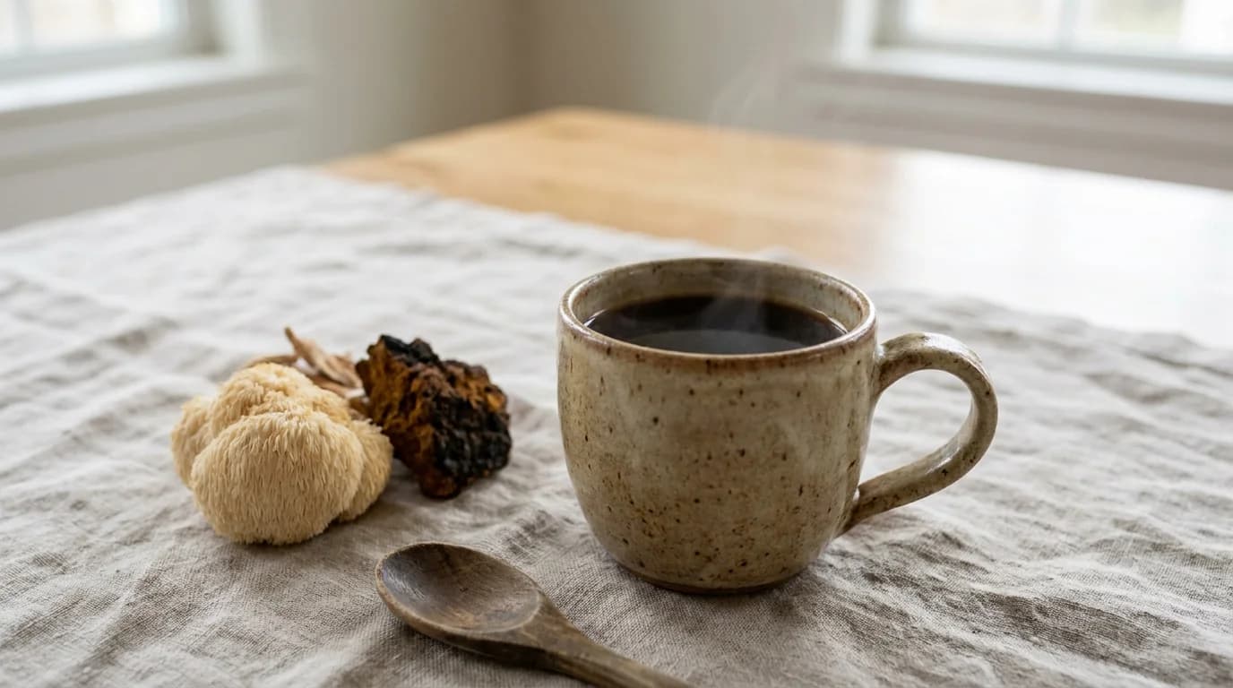 A speckled ceramic mug of black coffee on a linen surface, with a whole dried lion's mane mushroom and a piece of chaga bark arranged naturally beside it, wooden spoon in the foreground