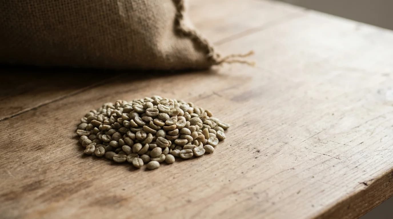 A small pile of green unroasted coffee beans on a bare wooden surface with an unmarked burlap edge visible, soft daylight from above, minimalist composition suggesting provenance