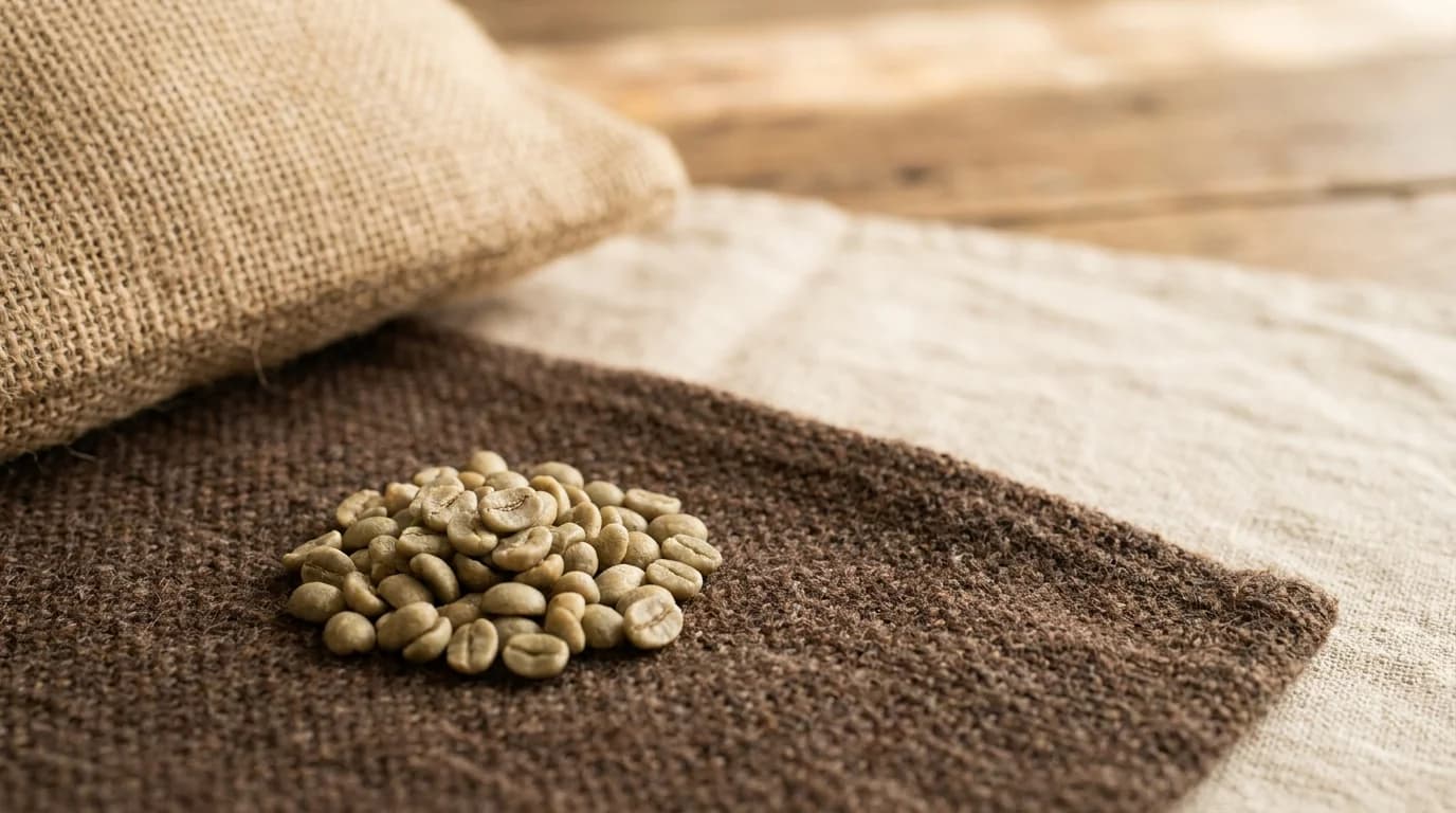 A small pile of green unroasted coffee beans on a rough hand-woven textile with soft warm daylight, minimalist earthy composition
