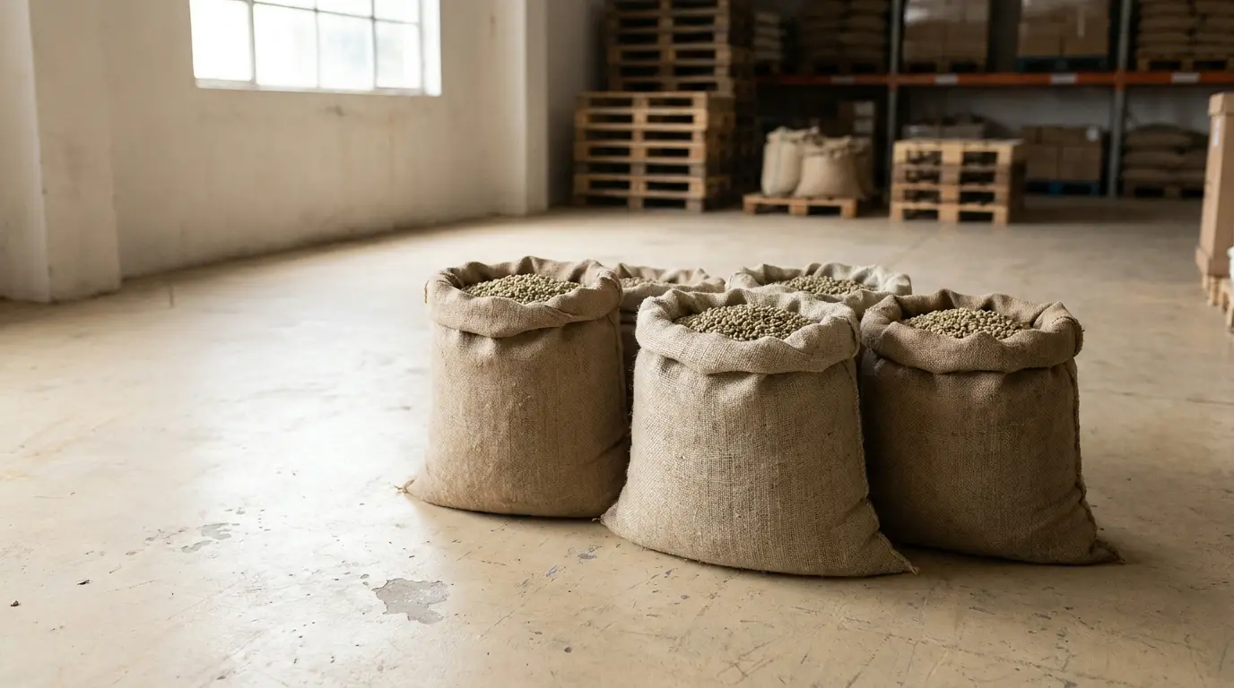 Four open burlap sacks of green unroasted coffee beans standing in a row on a concrete warehouse floor with their tops rolled down, lit by soft daylight from a high window