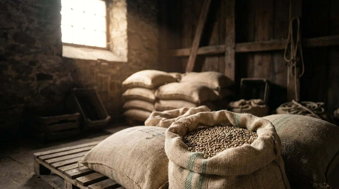 Burlap sacks of green coffee beans stacked in a warehouse with warm light from a high window, one sack open at the top showing pale green beans