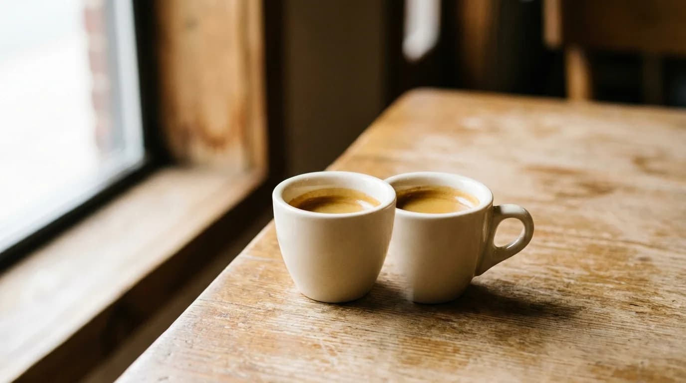 A small espresso cup with a dark shot on a bare wooden surface, dark espresso visible with a thin crema layer, soft side window light, minimal composition