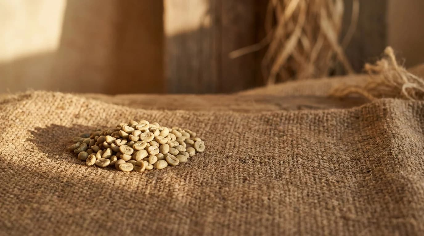 A small pile of green unroasted coffee beans on a rough hand-woven brown textile with soft warm daylight, minimalist earthy composition