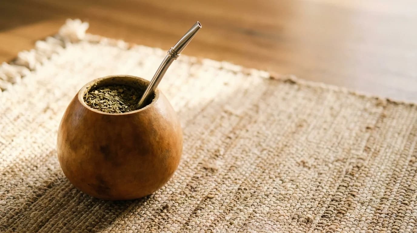 A hollowed calabash gourd on a woven textile mat filled with dried green yerba mate leaves and a silver bombilla straw, soft warm afternoon daylight from the side, minimalist earthy composition