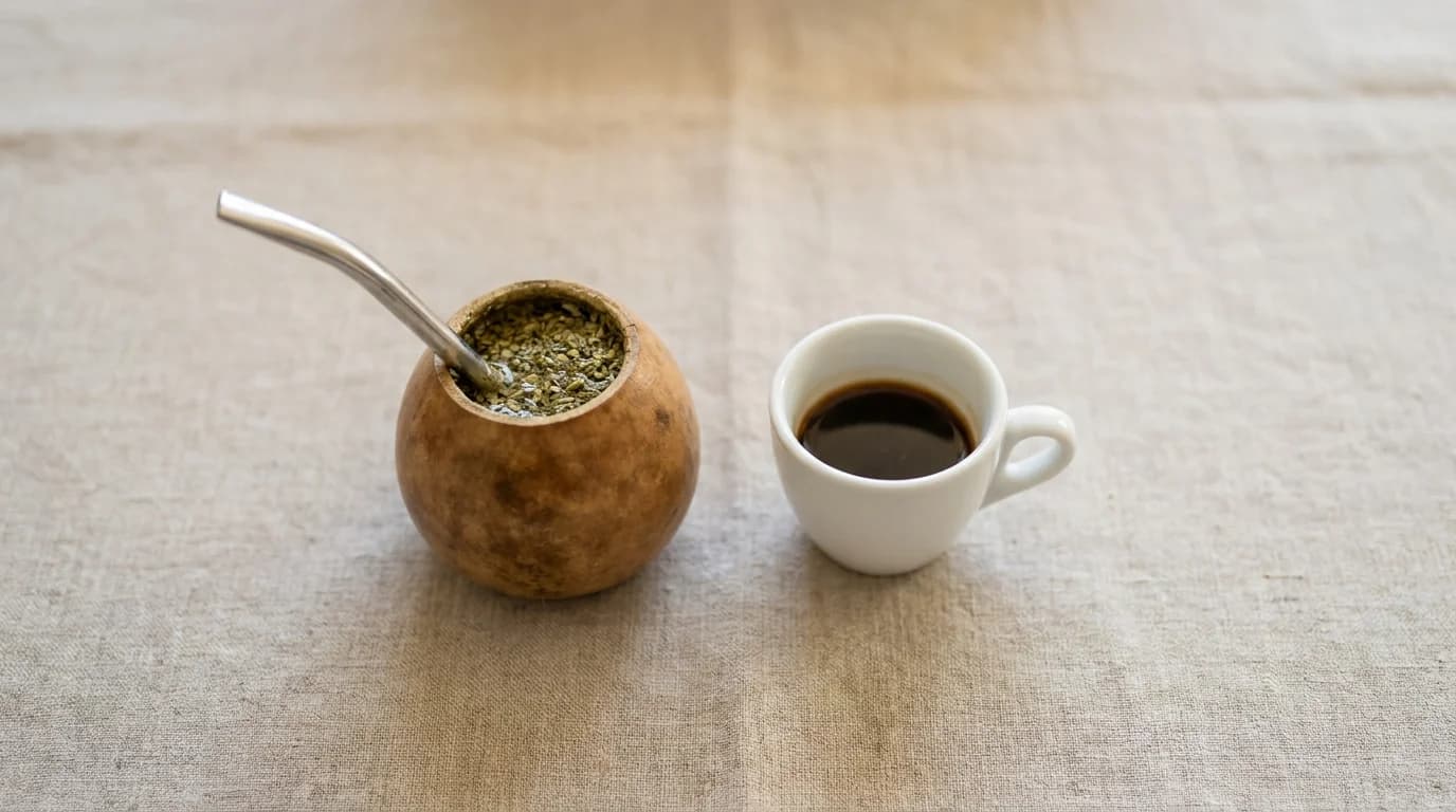 A calabash gourd of yerba mate with a silver bombilla on the left and a small white ceramic cup of dark coffee on the right on a bare linen surface, soft even daylight, minimalist side-by-side composition