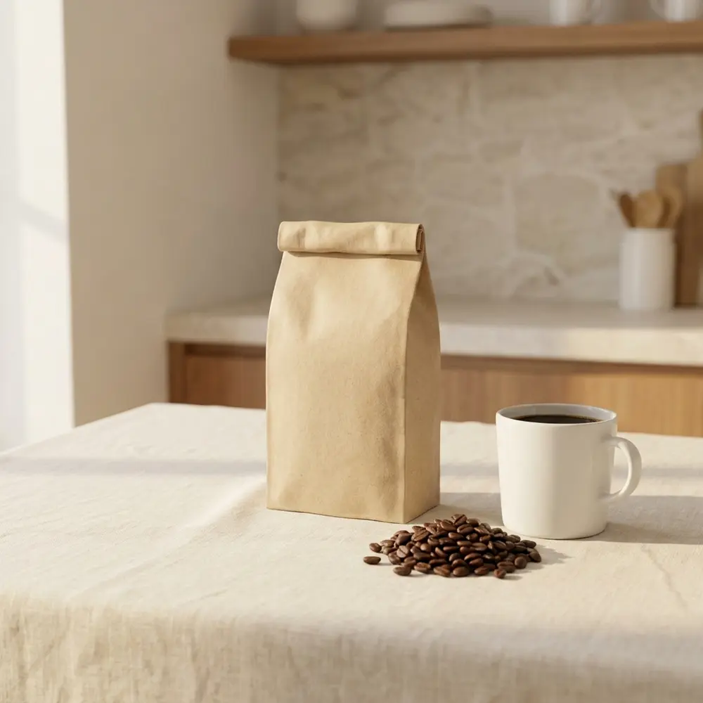 An unmarked kraft coffee bag beside a pile of dark roasted beans and a white mug of black coffee