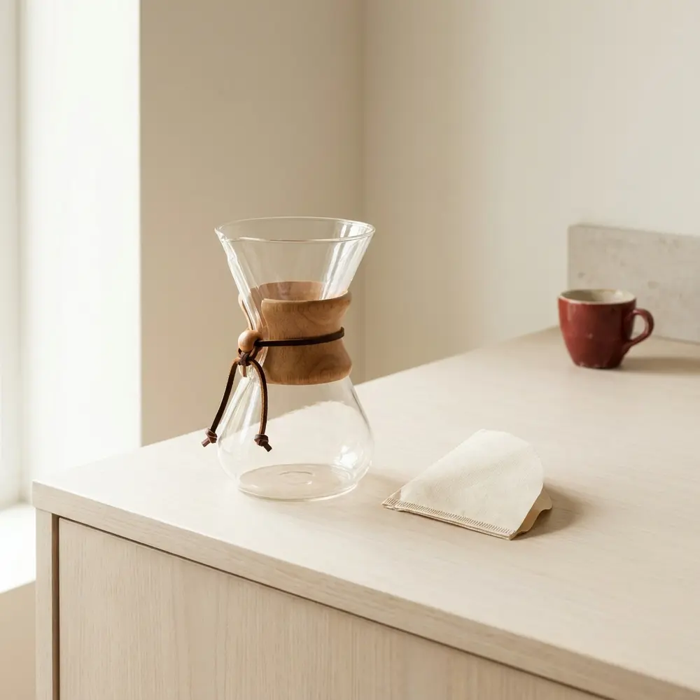 An hourglass glass pour-over brewer with a wooden collar and a folded paper filter beside it