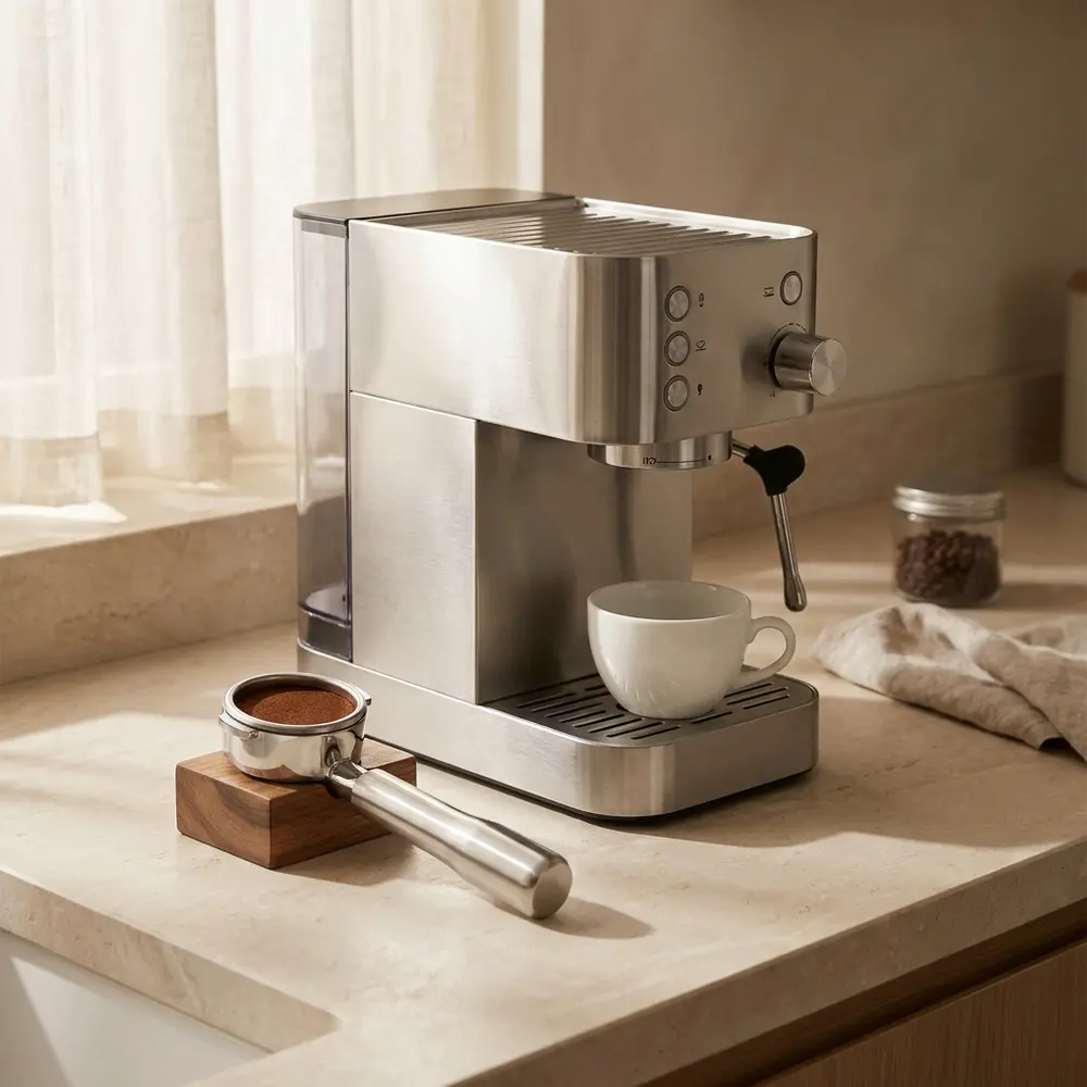 An unbranded stainless home espresso machine on a pale stone counter with a tamped portafilter beside it