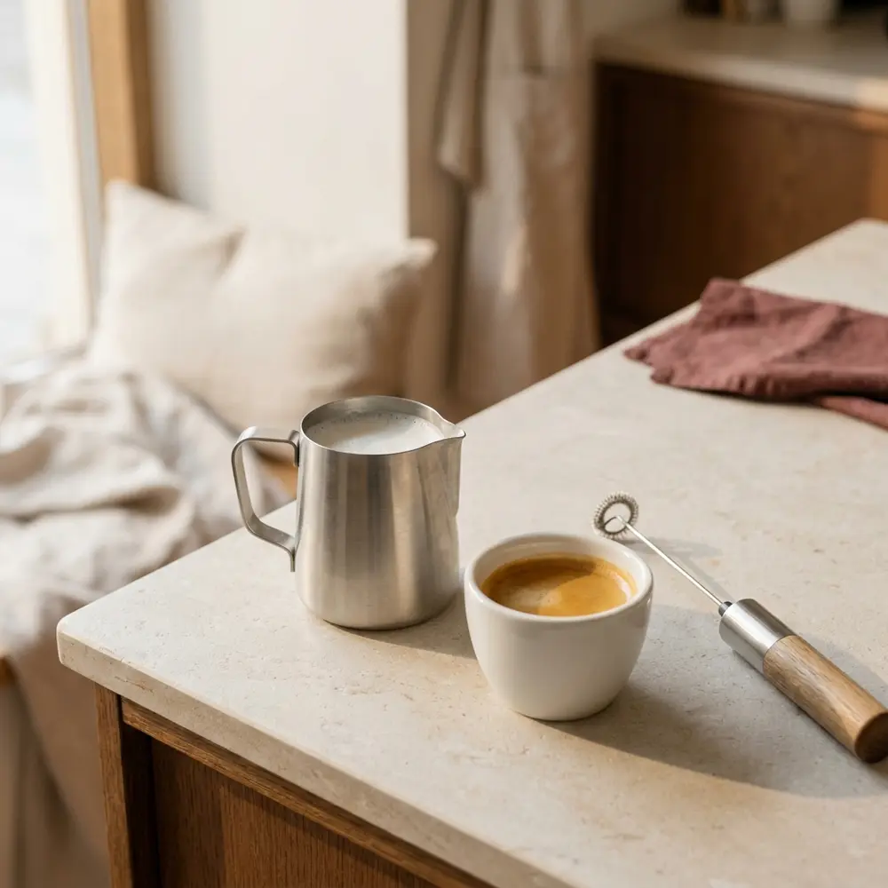 A steel milk pitcher beside a white cup of espresso with golden crema on a stone counter