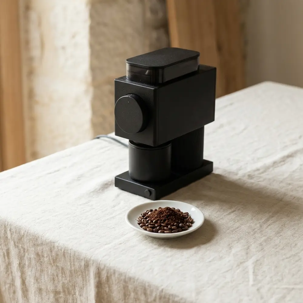 An unbranded matte black conical burr coffee grinder on warm linen with a dish of ground coffee