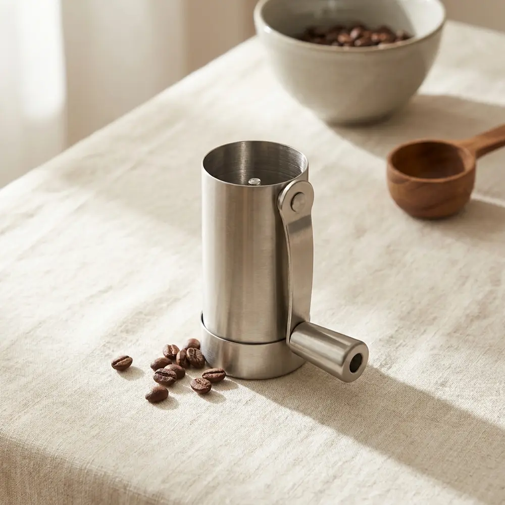 A stainless hand coffee grinder with a folding crank on warm linen beside a few roasted beans