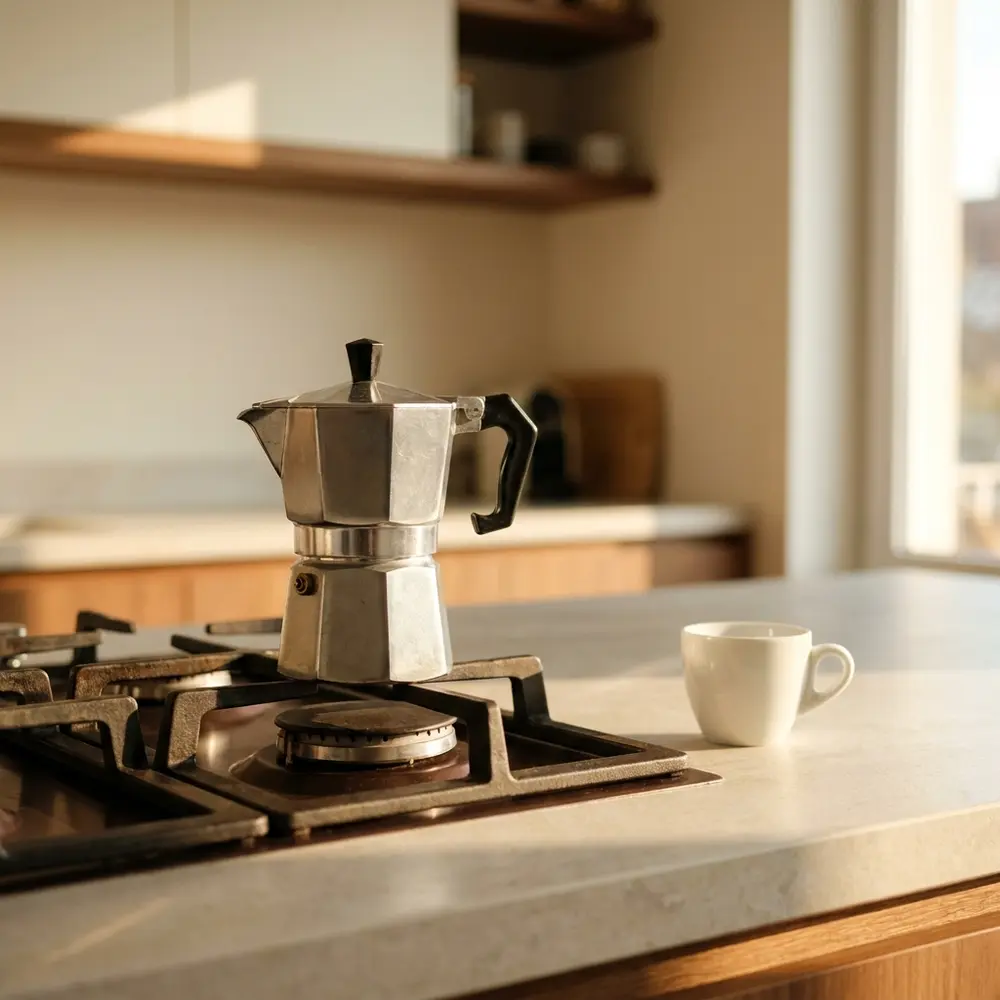 A small aluminium stovetop moka pot on a dark hob with a white espresso cup beside it