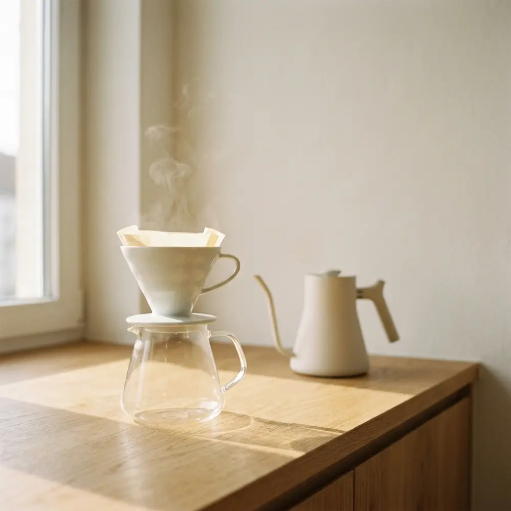 A white ceramic cone dripper on a glass carafe with a gooseneck kettle behind it on a wood counter