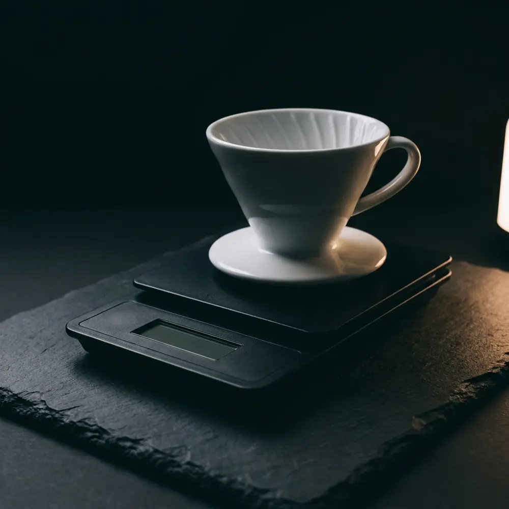 A black coffee scale and white dripper lit from one side against a near-black background