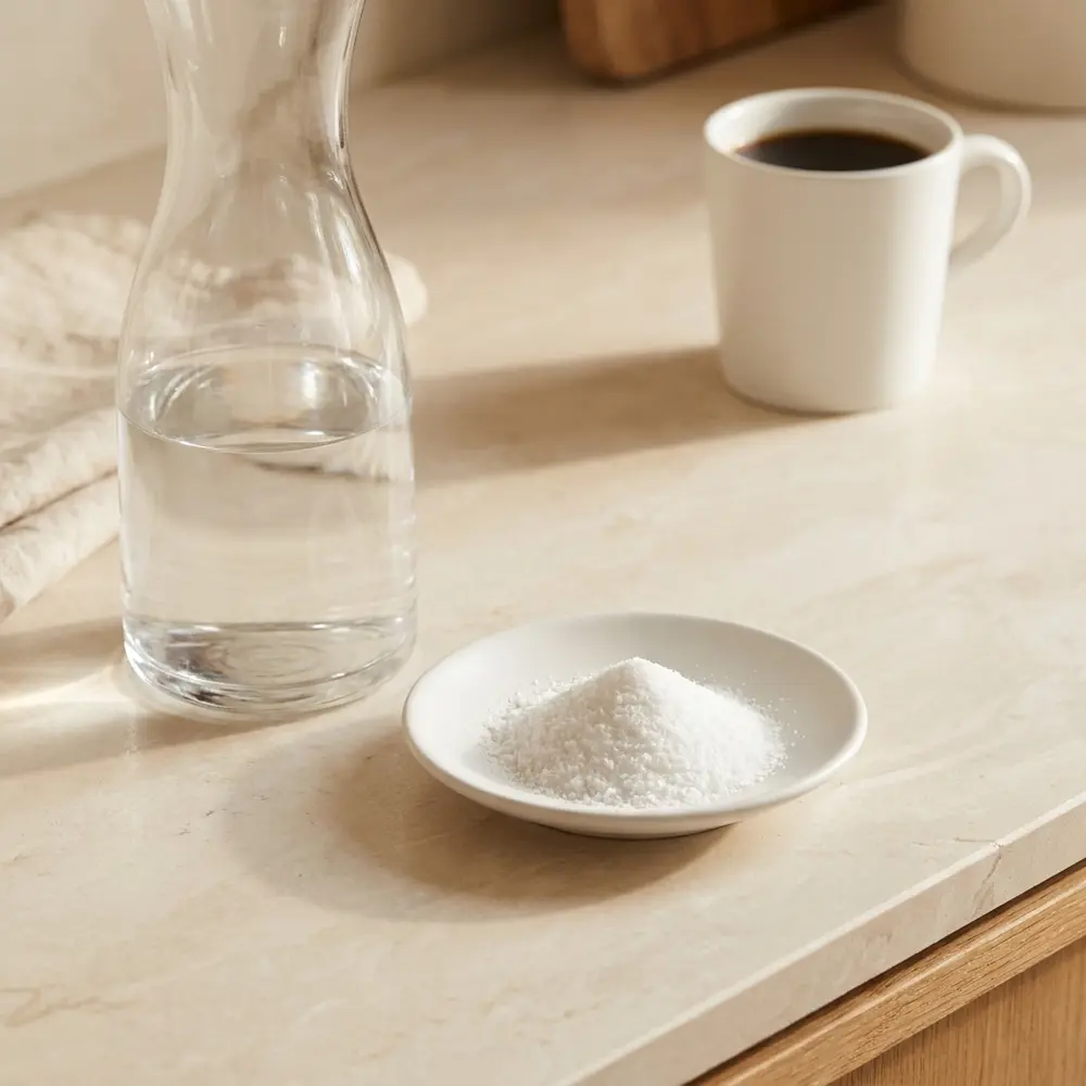 A glass carafe of water beside a small white dish of mineral salt on a pale stone counter