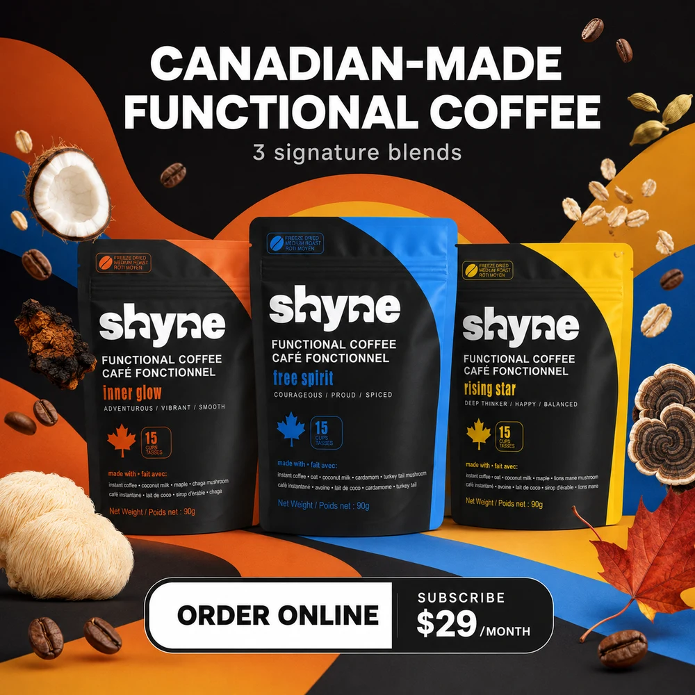 Three Shyne functional coffee pouches with Canadian-made functional coffee headline