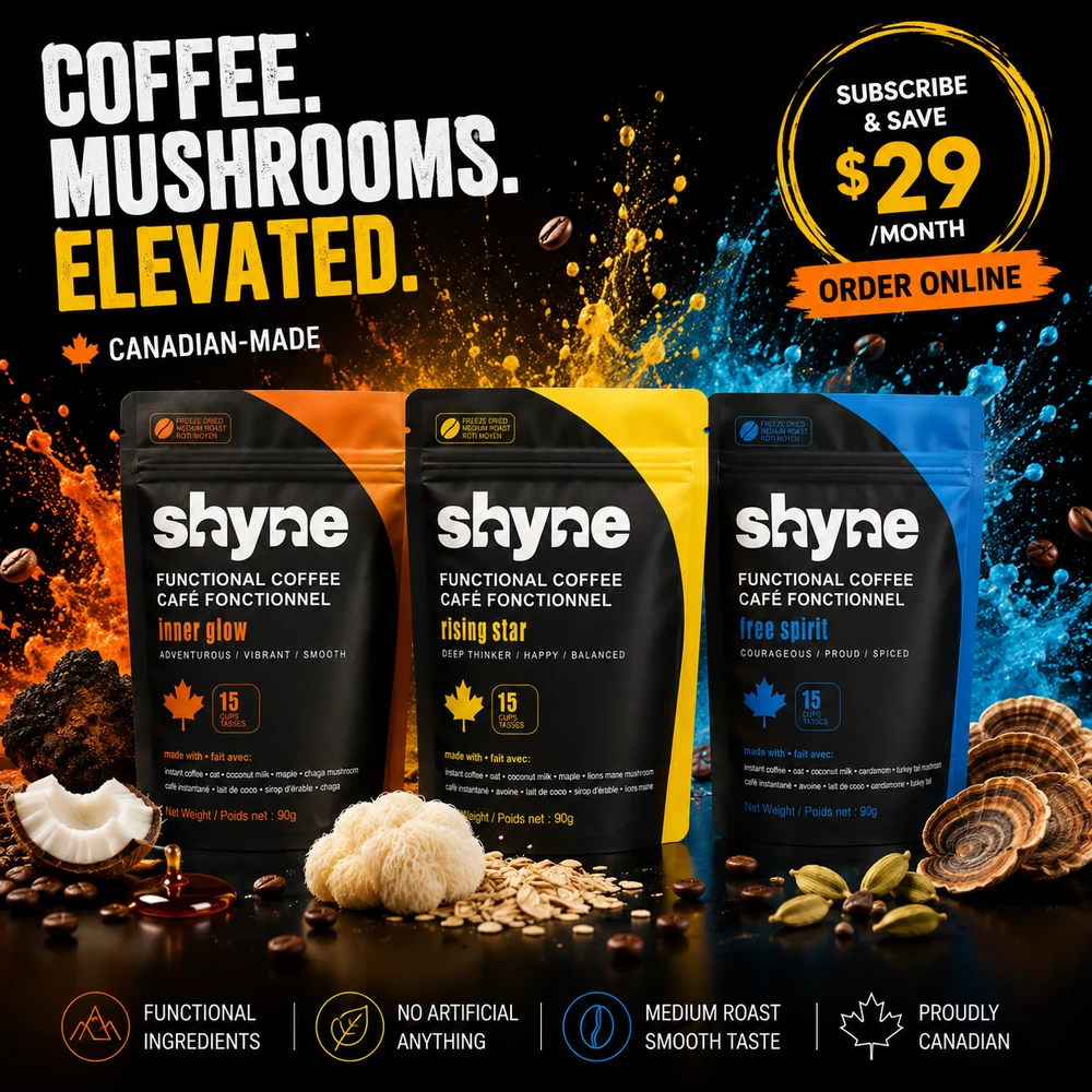 Three Shyne coffee pouches with the headline Coffee. Mushrooms. Elevated.