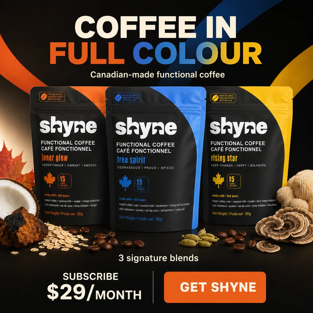 Three Shyne functional coffee pouches with a bold Coffee in Full Colour headline