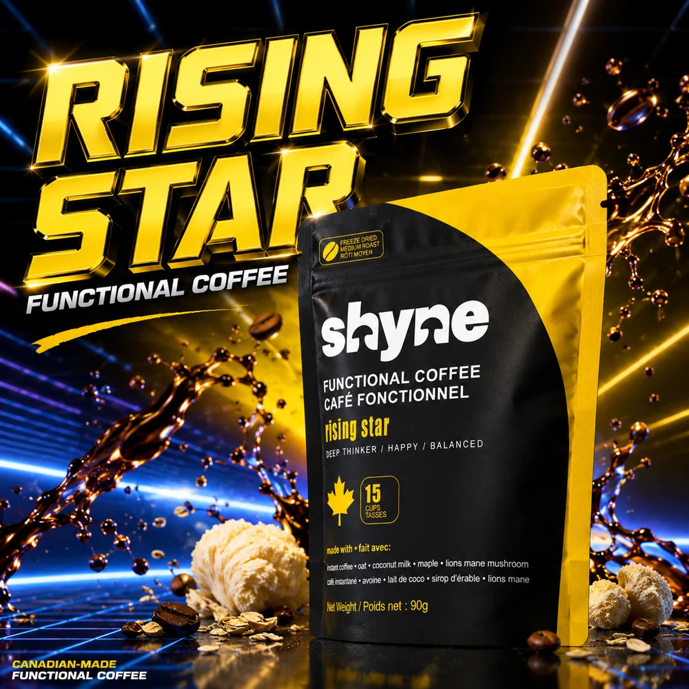 Shyne Rising Star pouch with gold headline and functional coffee product styling