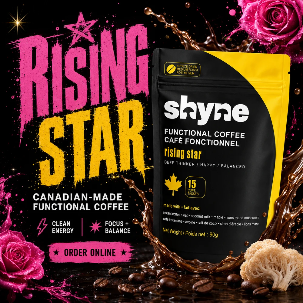 Shyne Rising Star functional coffee pouch with bold pink and yellow product ad styling